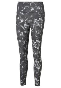Leggings neri con un motivo floreale, dotati di una vita alta, texture liscia e un design aderente che mette in risalto le gambe.