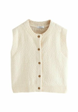 Ein cremefarbener gestrickter ärmelloser Pullover mit rundem Ausschnitt und fünf braunen Knöpfen vorne.