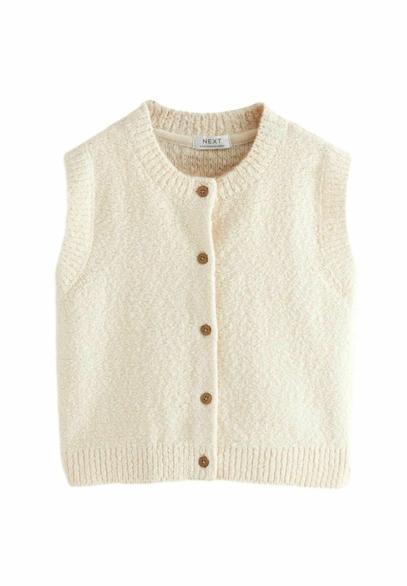 Gilet sans manches en tricot couleur crème, avec un col rond et cinq boutons marron sur le devant.
