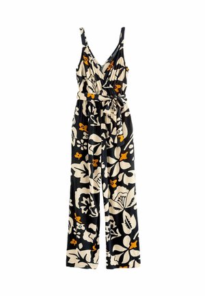 Combinaison noire sans manches avec jambes larges, grand imprimé floral blanc et orange, col en V et ceinture à nouer à la taille.