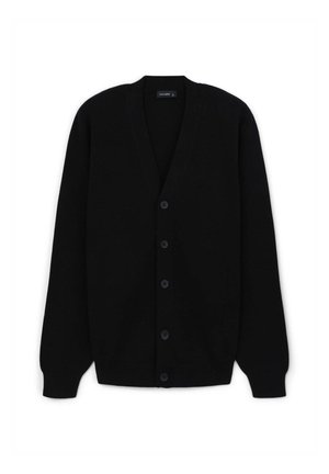 Schwarze Knopf-up Strickjacke mit langen Ärmeln, gerippten Bündchen und einem V-Ausschnitt.