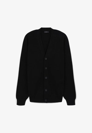 Black button-up cardigan with long sleeves, ribbed cuffs, and a V-neck collar.