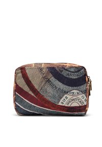 Borsa cosmetica rettangolare realizzata in tessuto testurizzato, con un design multicolore caratterizzato da linee e motivi nei toni del rosso, blu e beige.