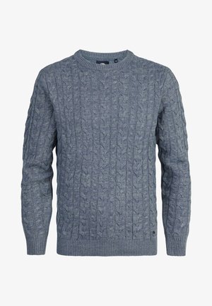 Pullover din tricot cu fir împletit, de culoare albastru deschis. Are un guler rotund, mânici elastice și tiv. Confecționat dintr-un material texturat cu un model de tricot vizibil.