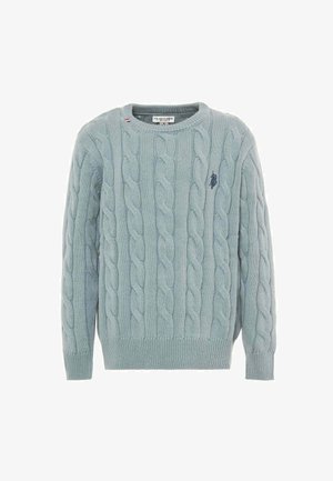 Maglione azzurro chiaro a maglia con scollo tondo, polsini e orlo a coste, caratterizzato da un piccolo logo ricamato sul petto.