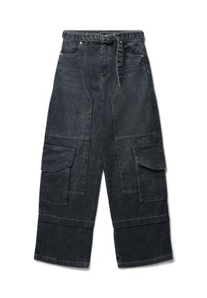 Black denim cargo pants with wide legs, featuring multiple front pockets, a belted waist, and a faded texture.