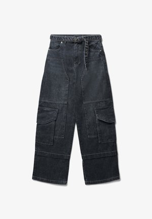 Black denim cargo pants with wide legs, featuring multiple front pockets, a belted waist, and a faded texture.