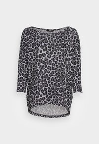 Leopardenmuster-Top mit langen, lockeren Ärmeln, einem weiten Halsausschnitt und einem geschwungenen Saum. Hergestellt aus leichtem, halbtransparentem Stoff. Grau und Schwarz.