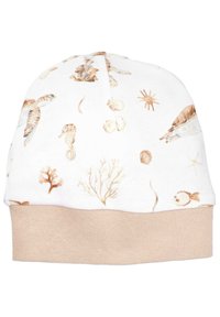 Beanie in soft cotton with a white background, featuring a sea-themed print of turtles, seahorses, and shells in beige and brown tones.