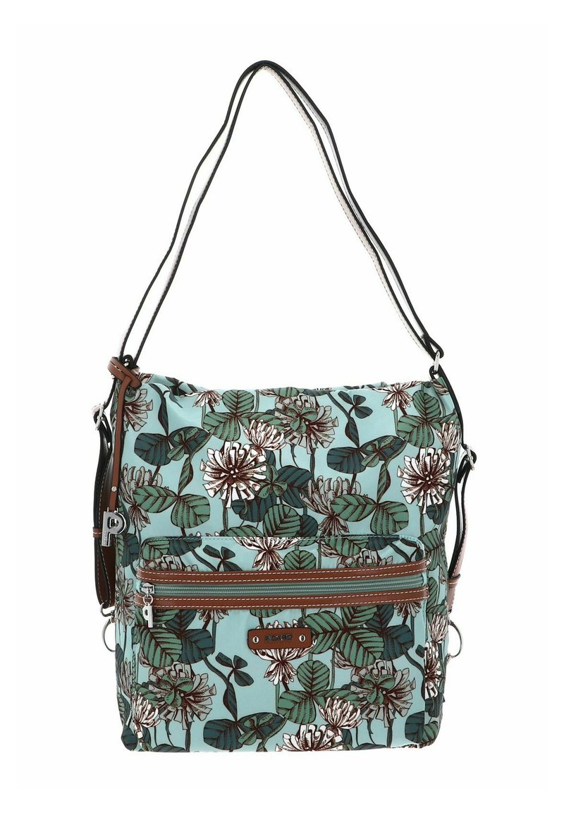 Sac bandoulière à motif floral en turquoise, avec une poche zippée à l'avant, des accents marron et deux bretelles noires et blanches.
