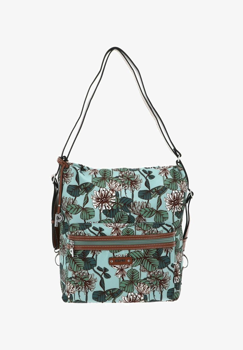 Sac bandoulière à motif floral en turquoise, avec une poche zippée à l'avant, des accents marron et deux bretelles noires et blanches.