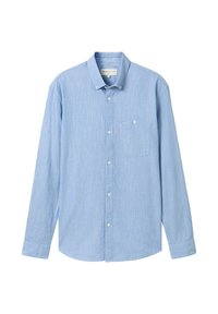 Hellblaue Langarm-Hemden mit Knöpfen und subtiler Textur, ausgestattet mit einer Brusttasche und klassischem Kragen-Design.