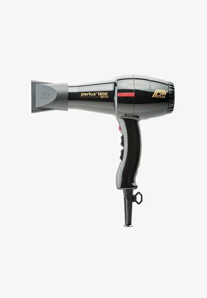 Zwarte Parlux 1800 Eco haardroger met een mondstuk, geprofileerde handgreep en knoppen voor bediening. Kenmerkt zich door een strak ontwerp en gouden accenten.