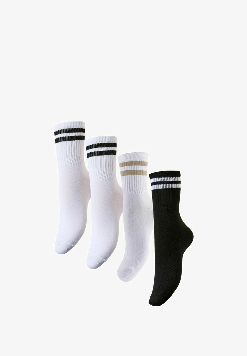 Zestaw czterech par skarpet: dwie białe z czarnymi paskami, jedna biała z beżowymi paskami, jedna czarna z białymi paskami. Mieszanka bawełny, długość do kostki.