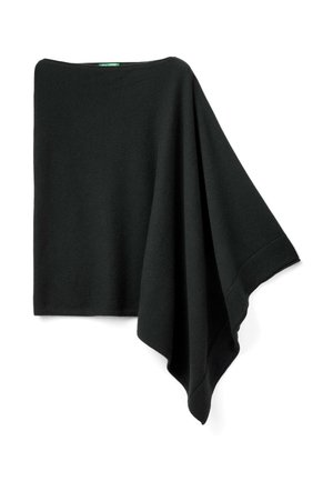 Donkergroene gebreide poncho met een asymmetrisch ontwerp, voorzien van geribde randen en een zachte, gestructureerde stof.