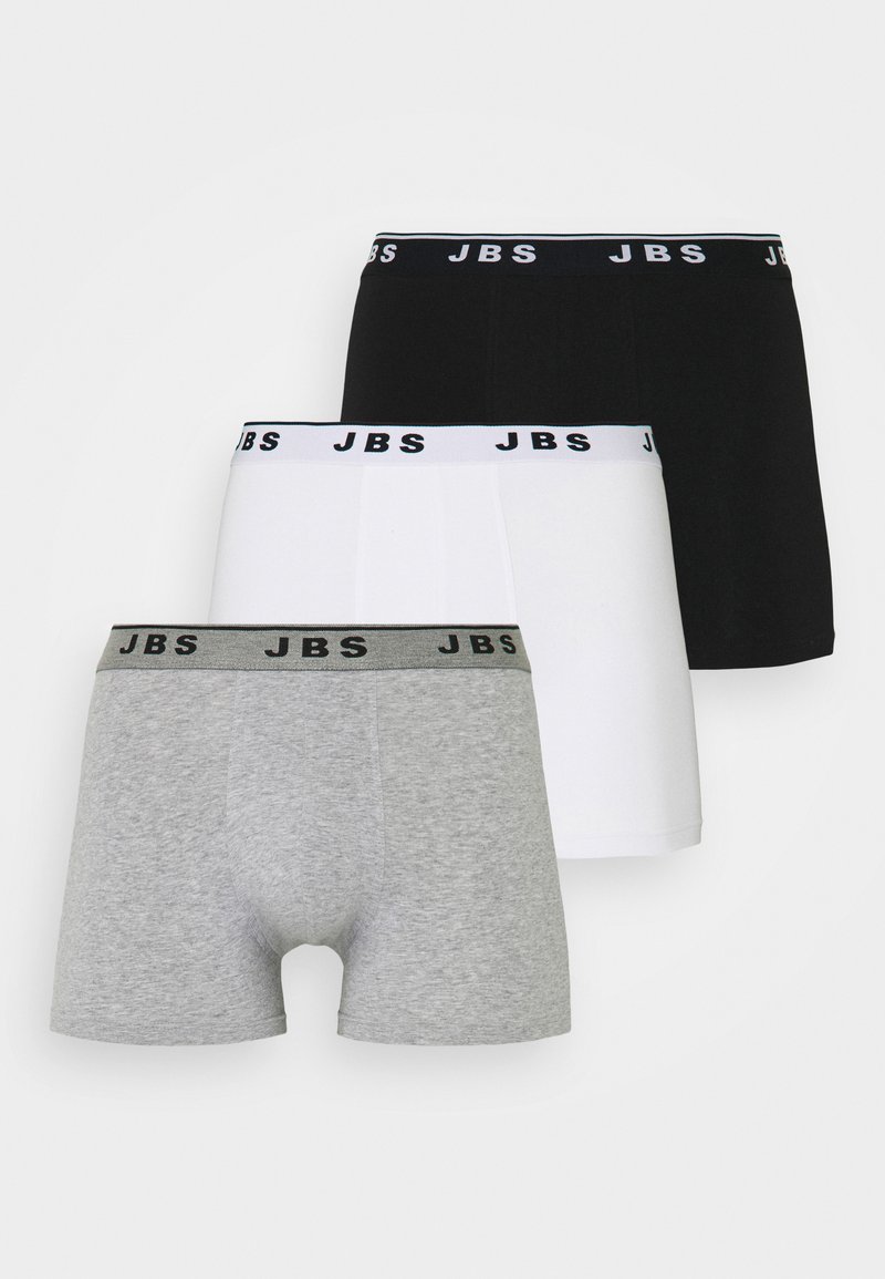Drei Paare Baumwoll-Boxershorts in Grau, Weiß und Schwarz, mit elastischen Taillengummis und bedrucktem "JBS"-Logo.