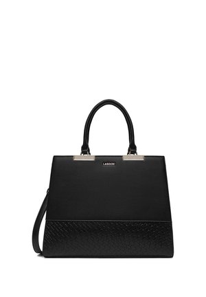 Bolso estructurado negro con asas dobles, panel inferior texturizado y pequeño logo metálico de la marca "LASOCKI" en el frente.