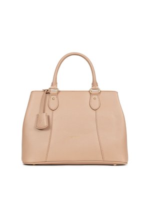 Borsa beige con doppi manici, in pelle sintetica testurizzata, con hardware dorato e un piccolo tag attaccato. Misura approssimativamente di dimensioni medie.