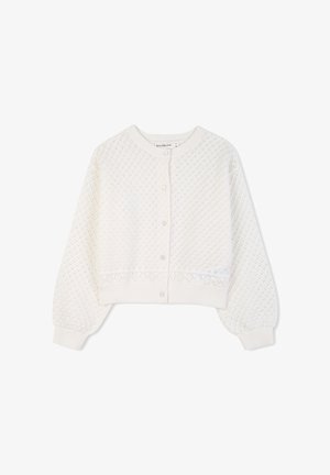 Cardigan bianco lavorato a maglia con motivo a diamante testurizzato, scollatura tonda, lunghezza corta e chiusura con bottoni. Presenta maniche a sbuffo e orlo a coste.