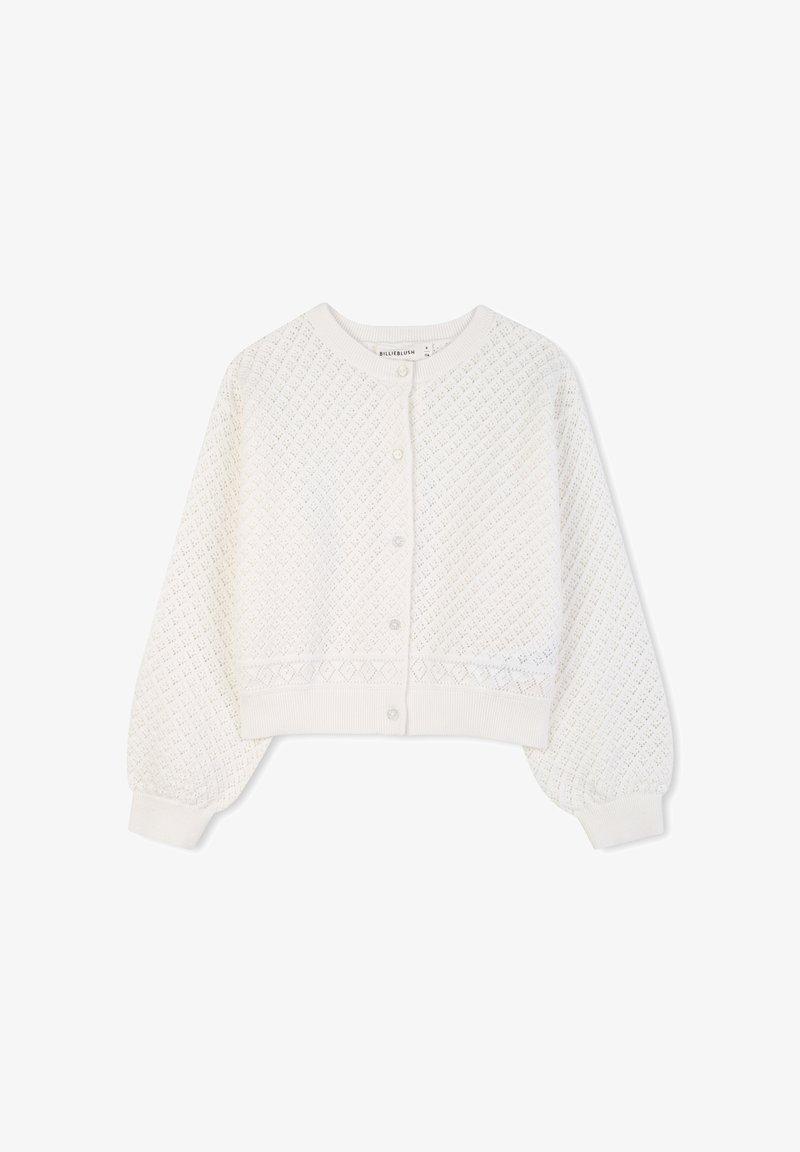 Cardigan blanc en maille avec un motif en losange texturé, col rond, longueur courte et fermeture par boutons. Caractérisé par des manches bouffantes et un ourlet côtelé.