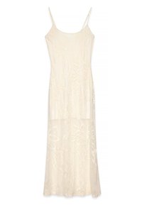 Cremfarbendes Maxikleid mit dünnen Trägern, verziert mit floraler Spitze, halbtransparentem Stoff und geradem Schnitt.
