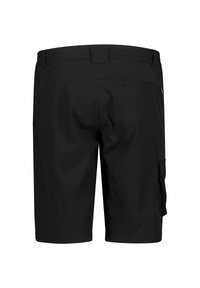 Sorte cargo shorts lavet af letvægtsstof, med flad talje, sidelommer og en enkelt lomme på hoften med lynlås.