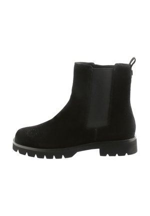 Black suede ankle boots featuring elastic side panels, a rounded toe, and a textured sole with a chunky tread for traction.