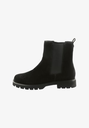 Bottes noires en cuir suédé jusqu'à la cheville avec des panneaux latéraux élastiques, un bout arrondi et une semelle texturée avec un solide profil pour une meilleure traction.