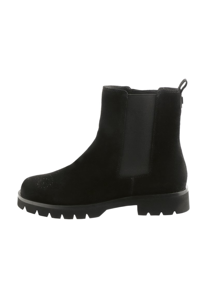 Bottes noires en cuir suédé jusqu'à la cheville avec des panneaux latéraux élastiques, un bout arrondi et une semelle texturée avec un solide profil pour une meilleure traction.
