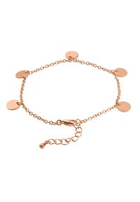 Bracciale in oro rosa con design a catena e quattro dischi circolari lisci. Include una chiusura e lunghezza regolabile.