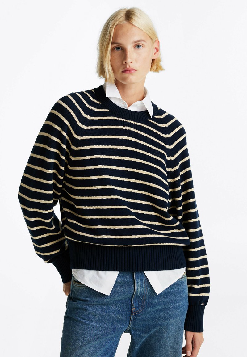 Maglione a righe blu navy e crema con orlo e polsini a coste, caratterizzato da un collo a girocollo, indossato sopra una camicia bianca con colletto.
