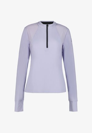 Jasnofioletowa bluzka z długim rękawem i półzamkiem, z kontrastowymi wstawkami z siateczki na ramionach oraz dopasowanymi mankietami.