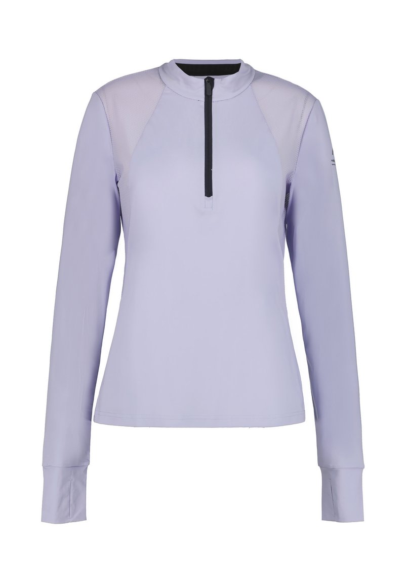 Maglietta a maniche lunghe color lilla con collo a mezzo zip, caratterizzata da pannelli in rete a contrasto sulle spalle e polsini aderenti.