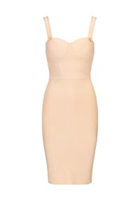 Nacktes, enganliegendes Kleid mit Herzenauschnitt, gerippter Textur und doppelten Schulterträgern. Verfügt über dekorative goldfarbene Akzente an den Trägern.