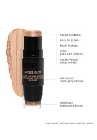 Krämhighlighter-stick i svart med avtagbar borste. Inkludera en gyllene beige produkt på sidan. Har återvinningsbar plåtförpackning.