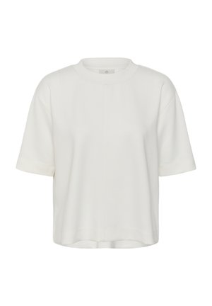 T-shirt blanc à manches courtes, col rond, coupe décontractée avec une fine couture verticale au centre devant.