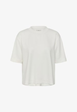 T-shirt blanc à manches courtes, col rond, coupe décontractée avec une fine couture verticale au centre devant.