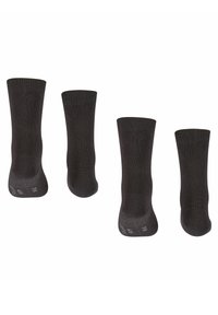Calcetines gris oscuro en dos alturas, con puños acanalados y una textura suave. Diseñados para ofrecer comodidad y calidez, adecuados para diversas ocasiones.