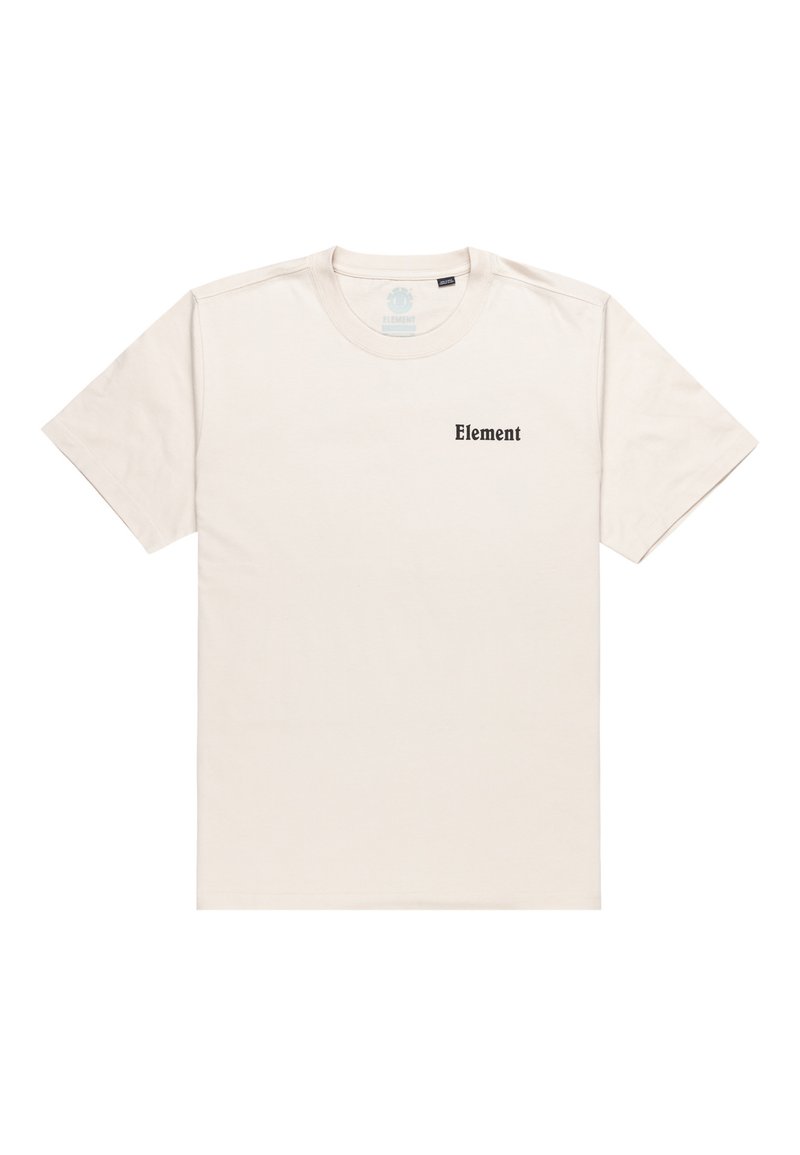 Camiseta de algodón crema con mangas cortas, cuello redondo y el logotipo "Element" en negro en la parte superior izquierda. Textura suave, diseño liso.