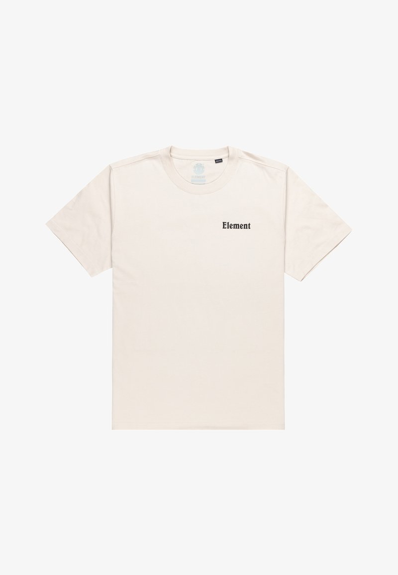 Cremfarbener Baumwoll-T-Shirt mit kurzen Ärmeln, Rundhalsausschnitt und schwarzem "Element"-Logo auf der oberen linken Seite. Glatte Textur, schlichtes Design.