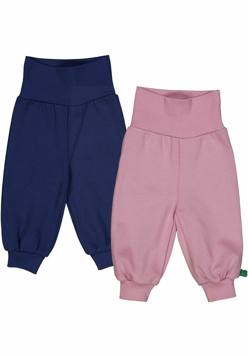 Twee paar kinder sweatpants: één marineblauw en één lichtroze. Beide hebben elastische taillebanden en boorden, met een zachte textuur.
