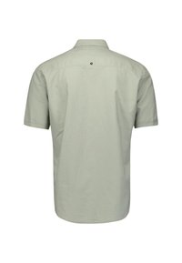 Korte mouwen shirt van lichtgroene katoen, losse pasvorm, rugpand detail en een enkele knop bij de hals. Effen textuur, geen patronen.