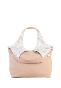 Beige Stoff-Tragetasche mit offenem Oberteil, innen mit einem Muster in Pastellfarben versehen. Das Design umfasst stabile Schulterriemen.