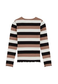 Ilgi piedurkņu svītrains tops ar horizontālām svītrām melnā, baltā un brūnu toņu krāsās. Ribiņa tekstūra ar volānu apakšmalu un apaļu kakla izgriezumu.