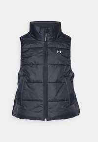 Marineblaue Steppweste mit hohem Kragen, durchgehendem Reißverschluss und zwei Seitentaschen. Verfügt über horizontale Nähte und ein kleines Logo auf der Brust.