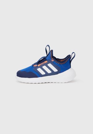 Blue athletic shoe featuring a breathable mesh upper, elastic design, distinctive white stripes, and a textured white rubber sole.