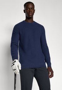 Sweater tricotado azul marinho com decote redondo e mangas longas, combinado com calças cinzas. Uma luva de golfe branca segura um taco de golfe preto.