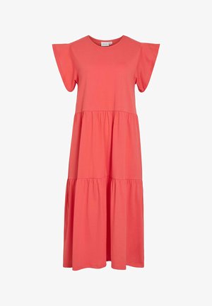 Korallfarbenes Baumwollkleid mit kurzen Flatterärmeln, rundem Ausschnitt und mehrlagigem Rockdesign. Weiche Textur und knielange Silhouette.