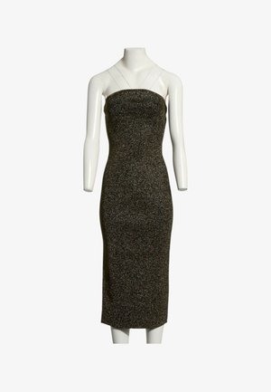 Vestido midi negro sin mangas con finas tiras transparentes en los hombros y una tela de punto ajustada y texturizada sobre un maniquí blanco.