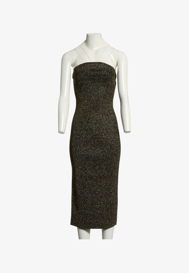 Robe midi noire sans manches avec fines bretelles transparentes et tissu tricoté ajusté et texturé sur un mannequin blanc.